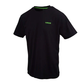 Black t-shirt with a logo on the chest against a white background