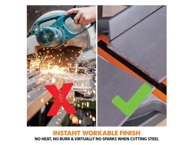 Comparison of cutting steel with a power tool and a machine, showing sparks and a smooth cut.