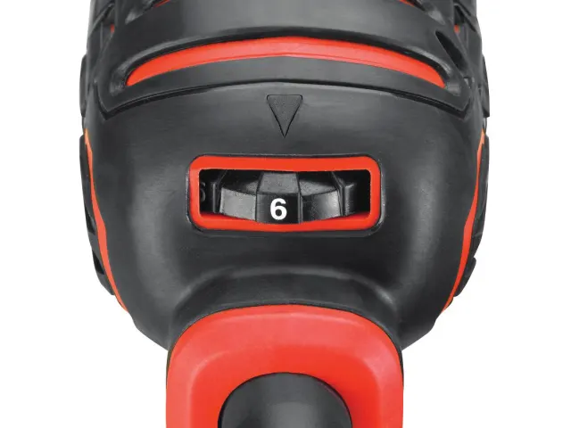 Close-up of a black and red tool with a number 6 indicator on a white background