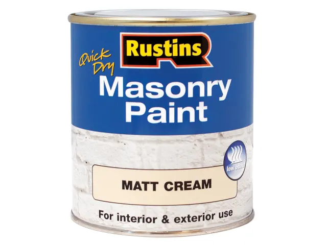Can of Rustins masonry paint in matt cream color on a white background