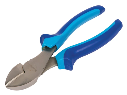 Pair of wire cutters with blue handles on a white background