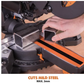 Person using a power tool to cut metal with text indicating cutting capacity.