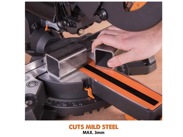 Person using a power tool to cut metal with text indicating cutting capacity.