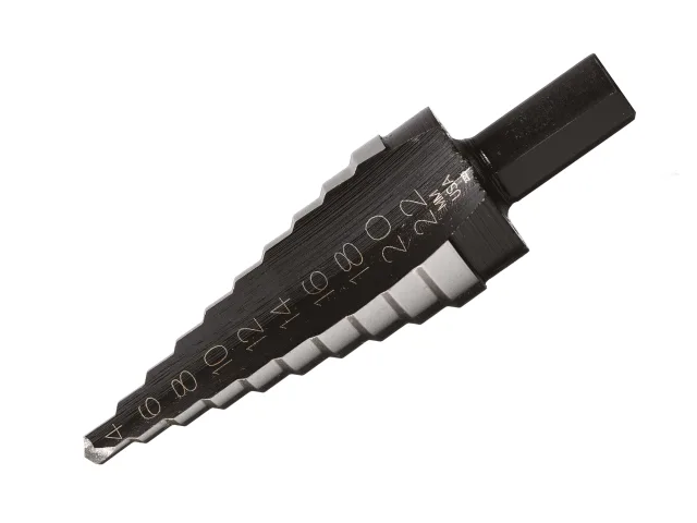 Step drill bit with size markings on a white background
