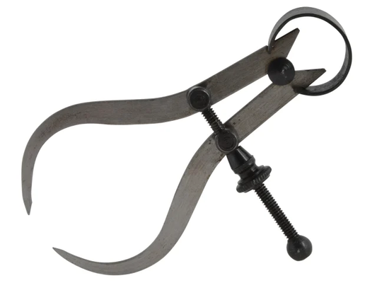 Black metal tool with curved blade and central pivot on a white background