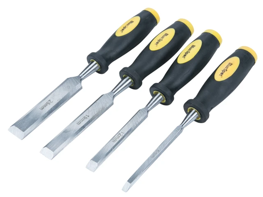 Set of four chisels with black and yellow handles on a white background