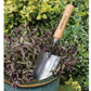 Gardening trowel with wooden handle on a plant