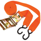 Orange ratchet strap with metal ratchet and black S-bend hooks on a white background
