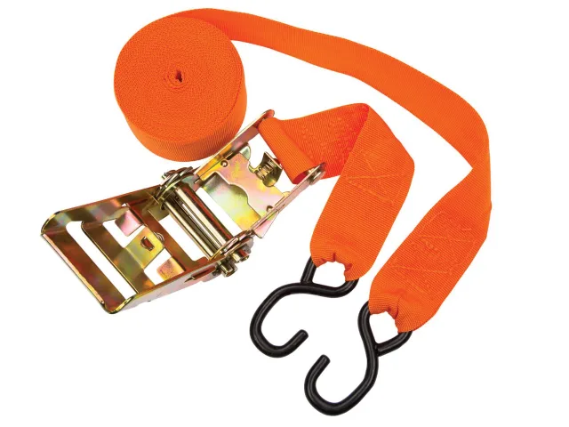 Orange ratchet strap with metal ratchet and black S-bend hooks on a white background