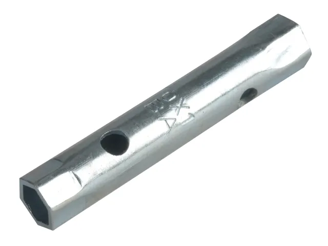 Metallic rectangular bar with two holes on a white background