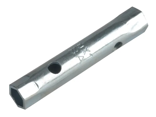 Metallic rectangular bar with two holes on a white background
