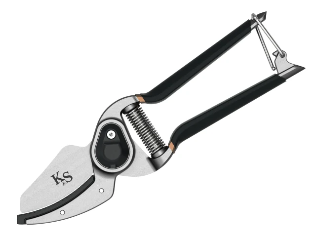 Garden pruner tool with black handle and silver blade on a white background
