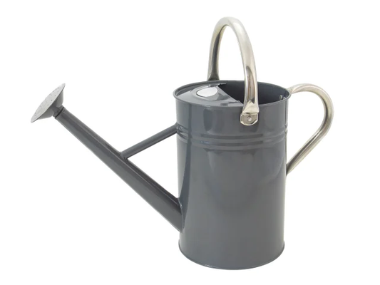 Gray watering can with silver handle on a white background