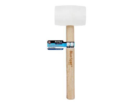 Wooden mallet with a white rubber head on a white background, featuring Blue Spot branding.