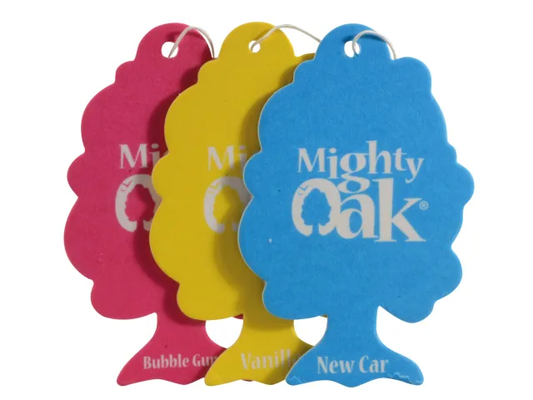 Three colorful 'Mighty Oak' air freshener tags in pink, yellow, and blue on a white background.