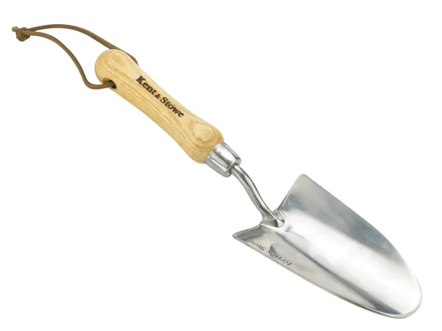 Gardening trowel with wooden handle on a white background