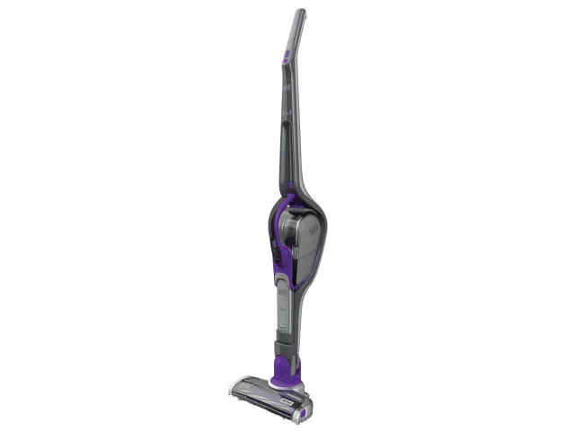 Handheld vacuum cleaner with a purple accent on a white background