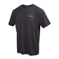 Black t-shirt with a logo on a white background