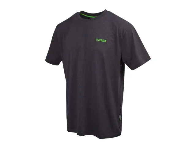 Black t-shirt with a logo on a white background
