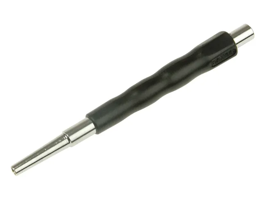 Black and silver tool on a white background