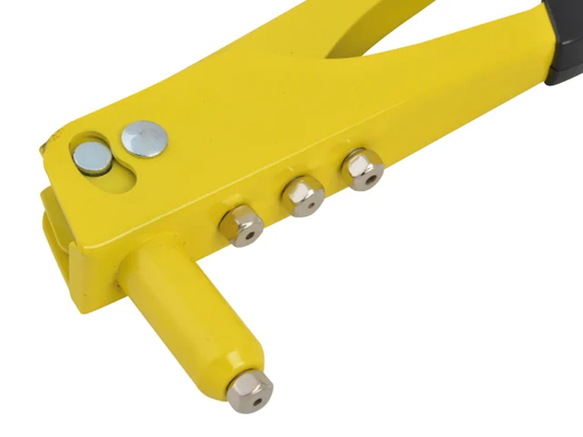 Yellow tool with multiple screws on a white background