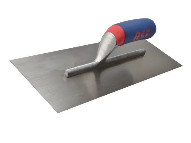 Metal trowel with a red and blue handle on a white background