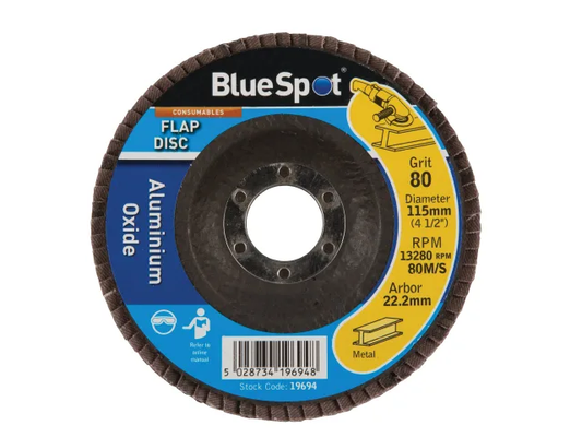 Flap disc with BlueSpot branding on a white background