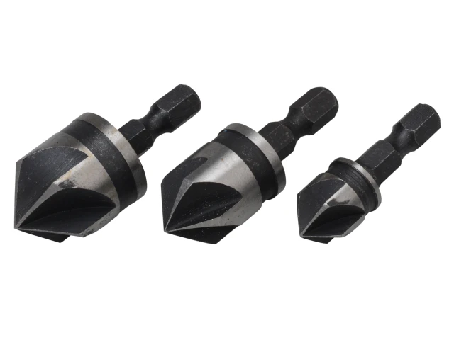Three drill bits of different sizes on a white background