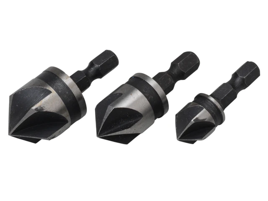 Three drill bits of different sizes on a white background