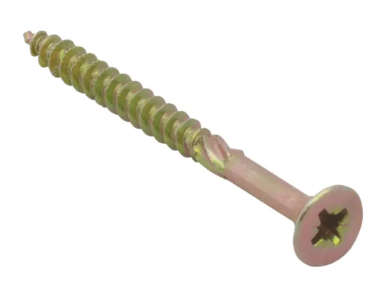 Screw with yellow and pinkish-brown color on a white background