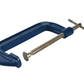 Blue C-clamp with a screw on a white background