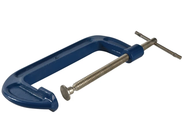 Blue C-clamp with a screw on a white background
