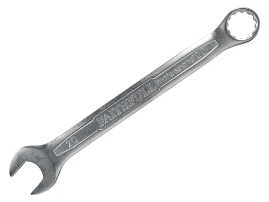 Combination wrench with 'Fаithful' branding on a white background