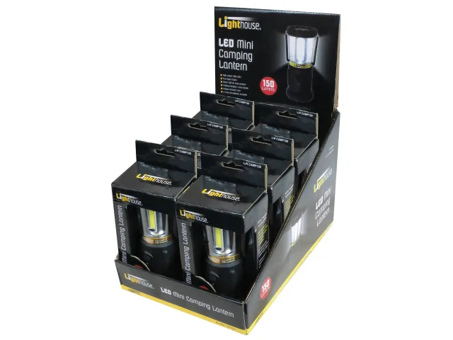 Display of Lighthouse LED mini camping lanterns in packaging on a white background