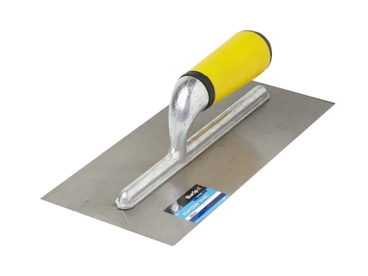 Metal trowel with yellow handle on a white background