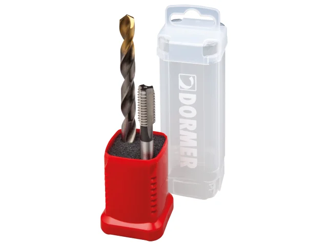 Drill bit set with a red holder and clear case on a white background, featuring the Dorner brand.