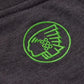 Green embroidered logo on a dark fabric background