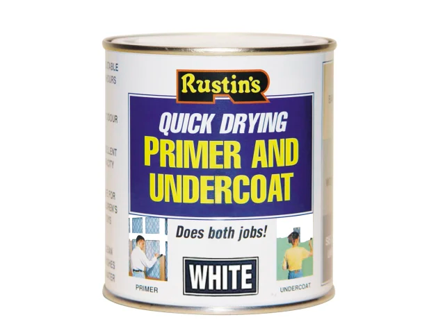 Can of Rustin's quick drying primer and undercoat on a white background
