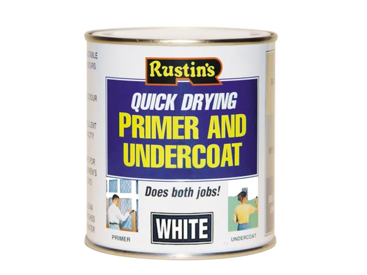 Can of Rustin's quick drying primer and undercoat on a white background