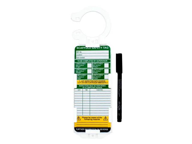 Scaffold safety tag with pen on a white background