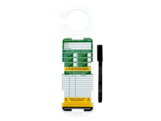 Scaffold safety tag with pen on a white background
