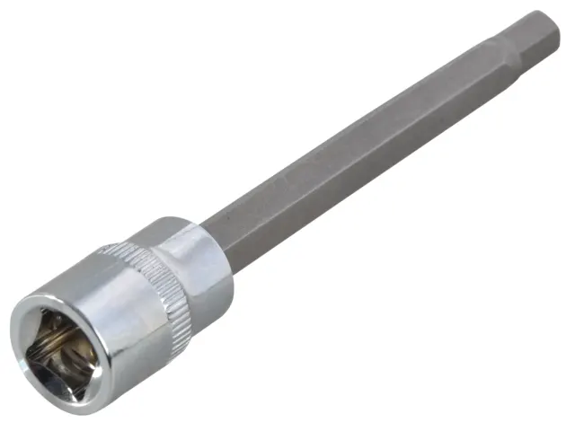 Metal tool bit with a hexagonal head on a white background
