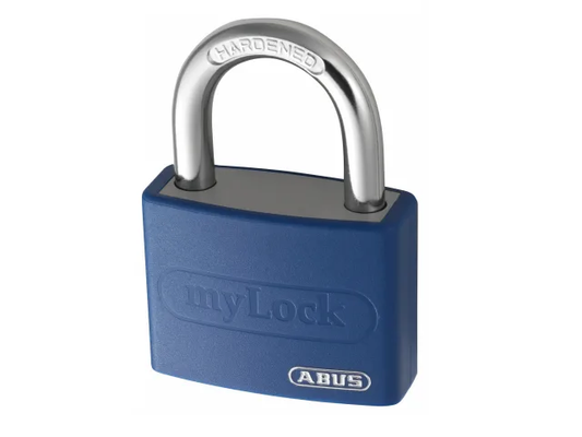 Blue padlock with silver shackle on a white background