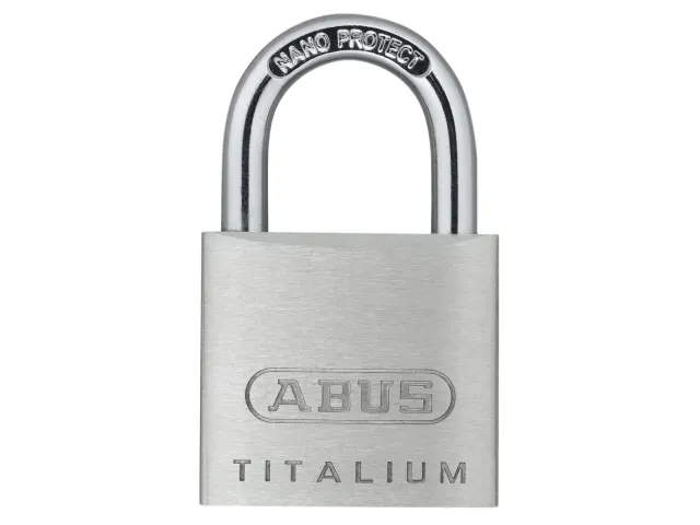 Silver ABUS Titalium padlock on a white background