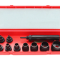 Set of black metal tools in a red tool box on a white background