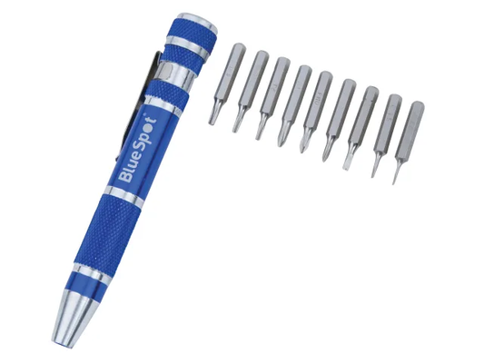 Blue and silver screwdriver set with multiple bits on a white background