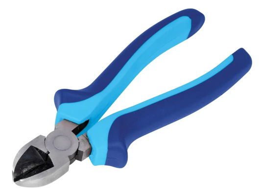 Pair of wire cutters with blue handles on a white background