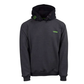 Black hoodie with a logo on the chest against a white background