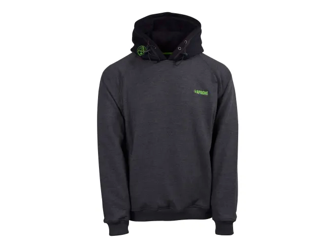 Black hoodie with a logo on the chest against a white background