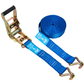 Blue ratchet strap with gold ratchets on a white background